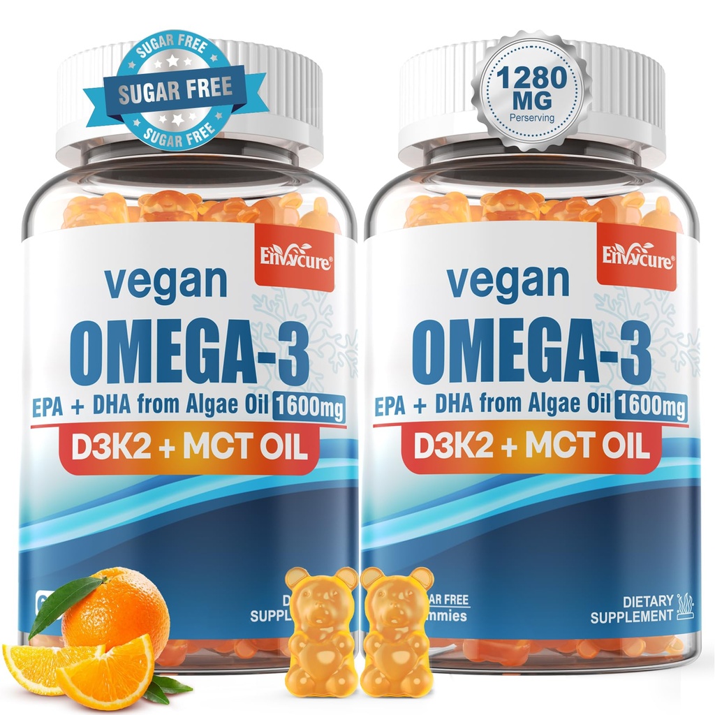 Vegan Omega 3 Gummies 1280mg + Βιταμίνη D3 K2 (MK7), Ωμέγα 3 Fish Oil Εναλλακτική για ενήλικες, w/Algae EPA 600mg & DHA 400mg, MCT Oil - Δεν Fish Taste - για τον εγκέφαλο, το μάτι, την ανοσοποιητική υγεία, τη ζάχαρη δωρεάν, 2 Συσκευασία
