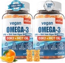 Vegan Omega 3 Gummies 1280mg + Βιταμίνη D3 K2 (MK7), Ωμέγα 3 Fish Oil Εναλλακτική για ενήλικες, w/Algae EPA 600mg & DHA 400mg, MCT Oil - Δεν Fish Taste - για τον εγκέφαλο, το μάτι, την ανοσοποιητική υγεία, τη ζάχαρη δωρεάν, 2 Συσκευασία