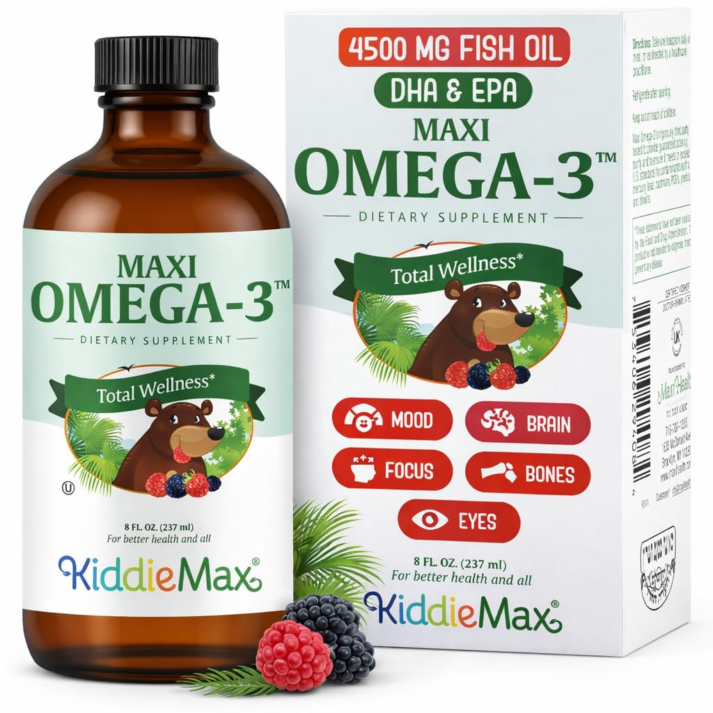 Maxi Health Omega 3 για το συμπλήρωμα παιδιών – Kosher Omega 3 Kids Fish Oil Liquid with DHA & EPA – Liquid Fish Oil Supplement with Fruity Burst Flavor to Support Mood, Brain, Focus, Bones & Eyes (8 oz)