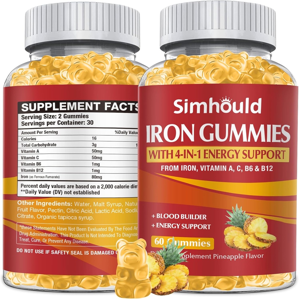 1 Πακέτο Vegan 80MG Συμπληρώματα σιδήρου Gummies για γυναίκες & άνδρες - Βιταμίνη Α, C, B για ενήλικες & παιδιά - Αίμα & Οικοδόμος & Ενέργεια Υποστήριξη για την Αναιμία, Αναιμία - 60 Μετρητές Ανανάς Γεύση Gummies