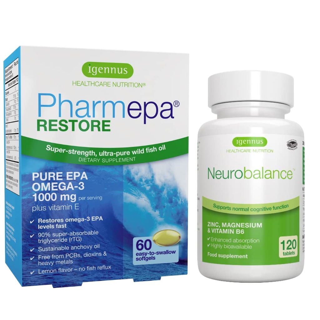 Igennus Pharmepa Restore EPA + Neurobalance Zinc, Magnesium & Vitamin B6 Mood Health Bundle for Attention & Focus