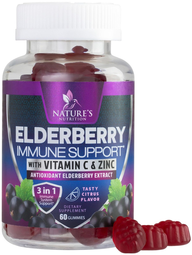 Ανοσοποιητική υποστήριξη Gummies - Sambucus Elderberry Gummy με Elder Berry Extract, Ψευδάργυρος & Βιταμίνη C, Φυσικό συμπλήρωμα υποστήριξης Vegan ανοσοποιητική για ενήλικες & παιδιά, Gummy Elderberry Vitamins - 60 Gummies