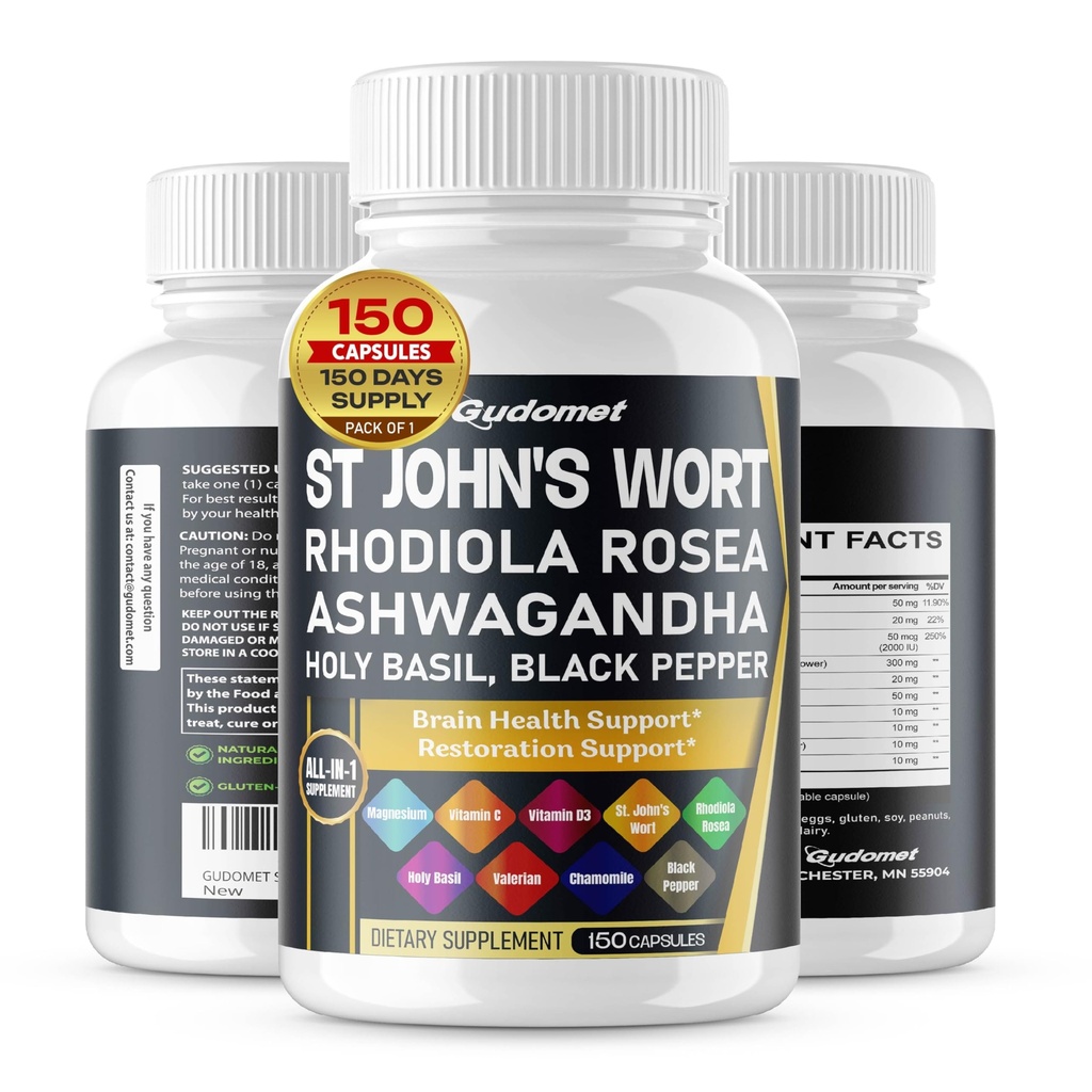 St. John's Wort Rhodiola Rosea Ashwagandha Holy Basil Valerian χαμομήλι Μαύρο πιπέρι -150 κάψουλες- Κατασκευασμένο στις ΗΠΑ