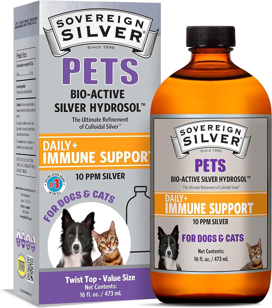 Sovereign Silver Pets Immune Support - Κολλοειδές ασήμι, Bio-Active Silver Hydrosol, για σκύλους και γάτες, 10 ppm, Liquid Twist Top, 16 fl Oz, (473 mL)