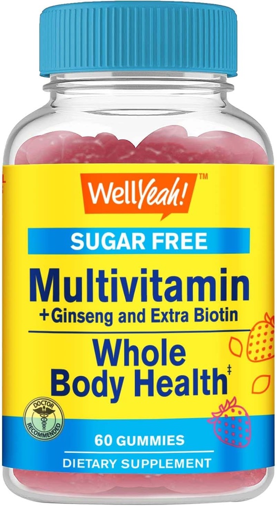 Πολυβιταμίνες Χωρίς ζάχαρη Gummies με Ginseng, Βιταμίνη Α, C, D3, E, B12, B6, B1, B2, B5, Νιασίνη, Φολικό οξύ, Βιοτίνη, Ιώδιο, Ψευδάργυρος, Χρώμιο, Μολυβδαίνιο, Λυκοπένιο, Ινοσιτόλη - Vegan - 60 Gummies