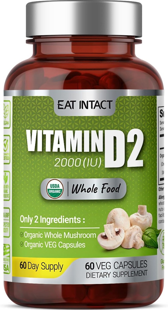 Vegan Whole Food Vitamin D, 2000 IU (50 mcg), D2, Δύο συστατικά (Organic Whole Mushroom and Organic Vegan Capsule), Μη-GMO, Τρίτο μέρος που δοκιμάζεται, 60 ημέρες προσφοράς