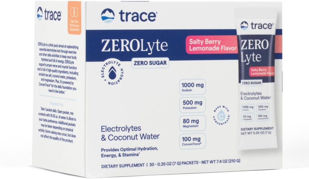 Trace Minerals ZeroLyte - Drink Mix Σκόνη Υποστηρίζει την ενυδάτωση & την ενέργεια - Βοηθήματα Υγιεινή νευρωνική & μυϊκή λειτουργία - Υποστηρίξτε την υγεία της καρδιάς & της πέψης - Αλμυρή λεμονάδα καρπού, 30 πακέτα (30 υπηρεσίες)