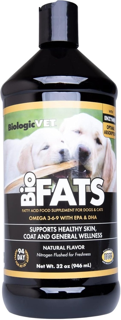 BiologicVET BioFATS - Contains Omegas 3, 6 & 9 - with EPA, DHA & ALA - for Dog & Cat - Skin & Joint Health Support - Includes Fish, Flaxseed & Olive Oil - 32 fl. oz.
