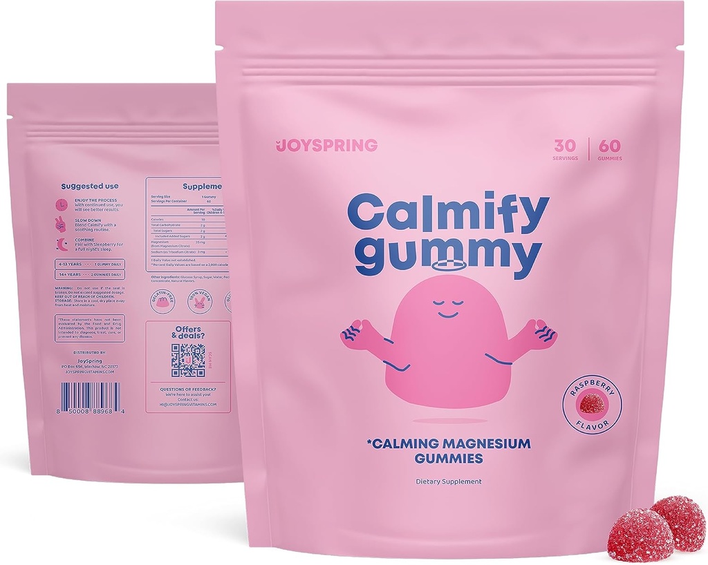 JoySpring Kids Magnesium Gummies - Calm Gummies for Kids - Calm Magnesium Support Natural for Toddlers & Teens Tasty Low Sugar Calming 60 Count