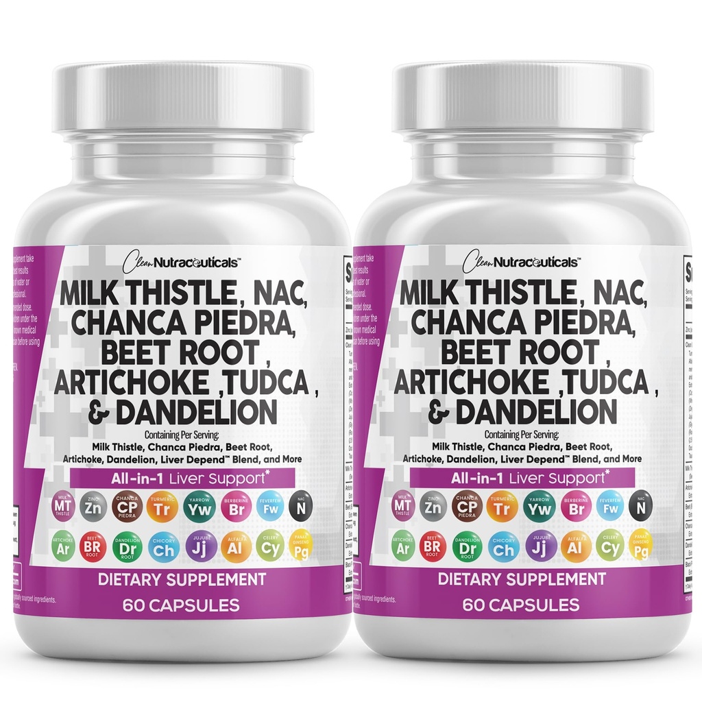 Clean Nutraceuticals Milk Thistle NAC Chanca Piedra Beet Root Artichoke Astragalus Dandelion Root - Liver Cleanse Supplement Plus TUDCA Choline & Ginger - 2Pack