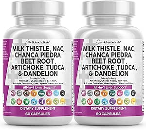 Clean Nutraceuticals Milk Thistle NAC Chanca Piedra Beet Root Artichoke Dandelion Root - Liver Cleanse Supplement Plus TUDCA Choline & Ginger - 2Pack