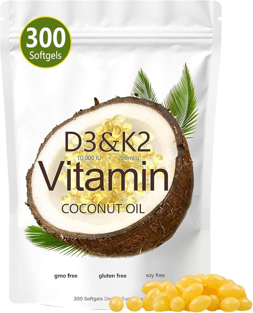 Βιταμίνη D3 K2 Softgel, D3 K2 Βιταμίνη 10000 IU, 10000 IU VIT D3 + 200 MCG Βιταμίνης K2, Χωρίς Γλουτένη, Σόγια, Υγεία των οστών, Υποστηρίζει Απορρόφηση ασβεστίου, 300 Gels