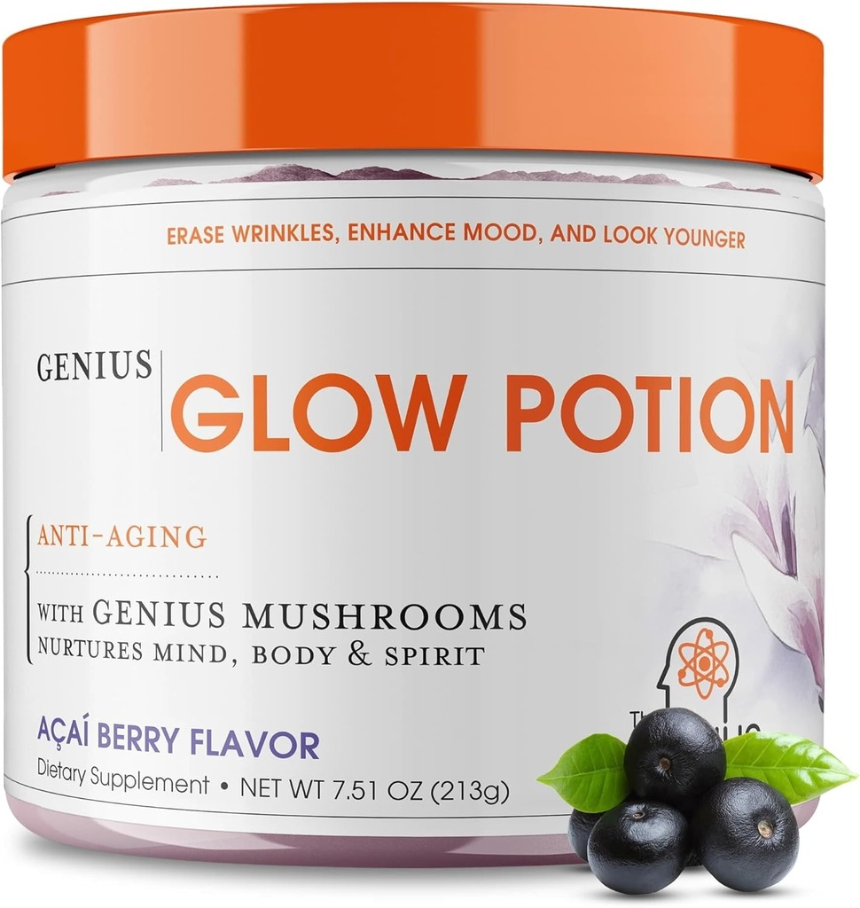 The Genius Brand Genius Glow Potion - Daily Skincare συμπλήρωμα για το λαμπερό δέρμα - Υποστηρίζει την ενυδάτωση, την ελαστικότητα, την ανοσοποιητική υγεία & λειτουργία του εγκεφάλου - Powered by Nootropics - Acai Berry - 30 Υπηρεσίες