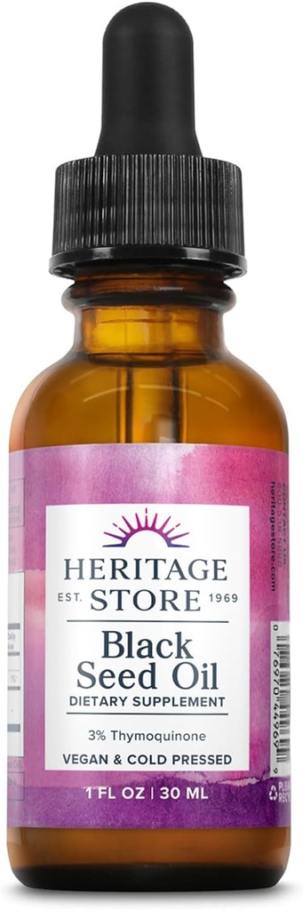 HERITAGE ΚΑΤΑΣΤΗΜΑ Black Seed Oil w/ 3% Thymoquinone, Omega 6 9 - Nigella Sativa Liquid Oil, Ψυχρό Πιέζεται από Μαύρους Σπόρους, αρθρώσεις, πέψη και ανοσοποιητική υποστήριξη, Vegan, 60-Day Εγγύηση, 30 Serv, 1 fl oz
