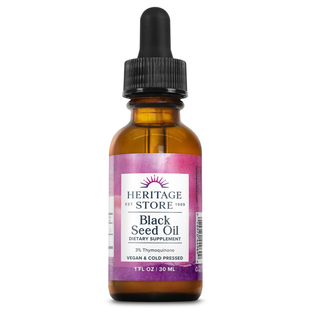 HERITAGE STORE Black Seed Oil w/ 3% Thymoquinone, Omega 6 9 - Nigella Sativa Liquid Oil, Cold Pressed from Black Seeds, Joints, Digestion and Immune Support, Vegan, 60-Day Guarantee, 30 Serv, 1 fl oz