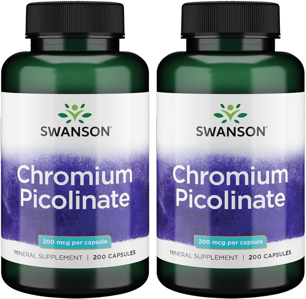 Swanson Chromium Picolinate - Φυσικό συμπλήρωμα προώθησης του μεταβολισμού & της διαχείρισης βάρους - Υποστηρίζει υγιή επίπεδα ζάχαρης αίματος ήδη εντός του φυσιολογικού εύρους - (200 κάψουλες, 200mcg κάθε) 2 Συσκευασία