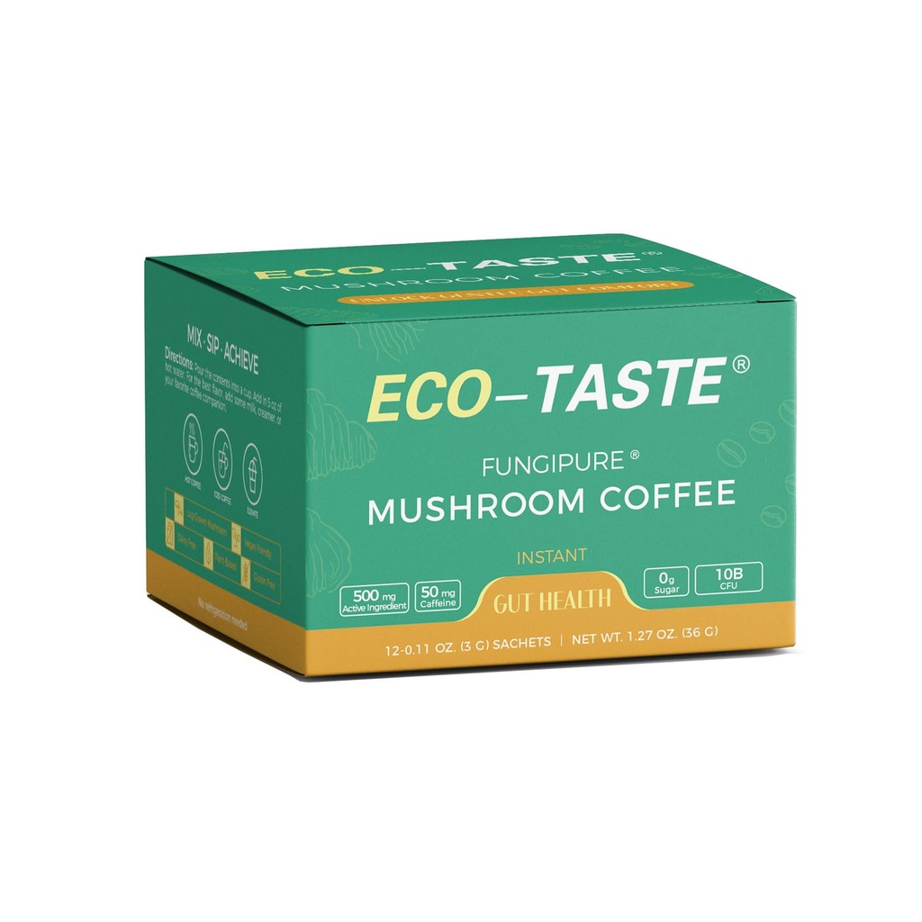ECO-TASTE Mushroom Coffee Mix for Gut-Health, 12 Sachets | FungiPure® Mushrooms, Yacon, 10 Billion CFU Probiotics, Lion's Mane and Turkey Tail, NO Jitters, 0g Sugar