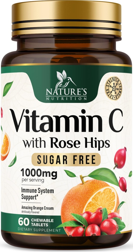 Vitamin C Chewable 1000mg - Extra Strength Αντιοξειδωτικά για Ισχυρή Ανοσολογική Υποστήριξη w/Vitamin C & Rose HIPS - Ισχυρή Διαιτητική VIT C Chews συμπλήρωμα, Φυσικό Γεύση Πορτοκαλιού, Vegan, Μη ΓΤΟ - 60 δισκία