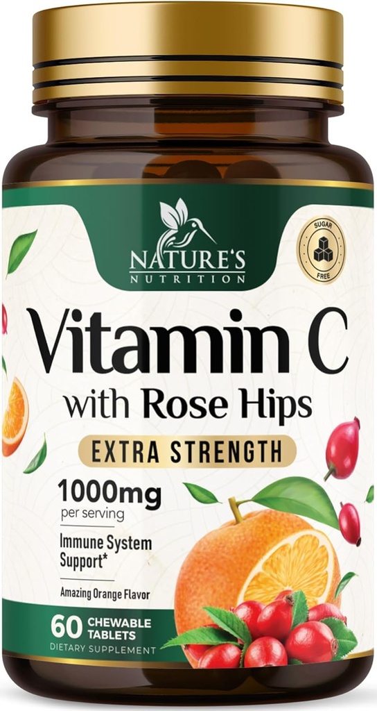 Vitamin C Chewable 1000mg - Extra Strength Antioxidants for Powerful Immune Support w/Vitamin C & Rose HIPS - Potent Dietary VIT C Chews Supplement, Natural Orange Flavor, Vegan, Non-GMO - 60 Tablets