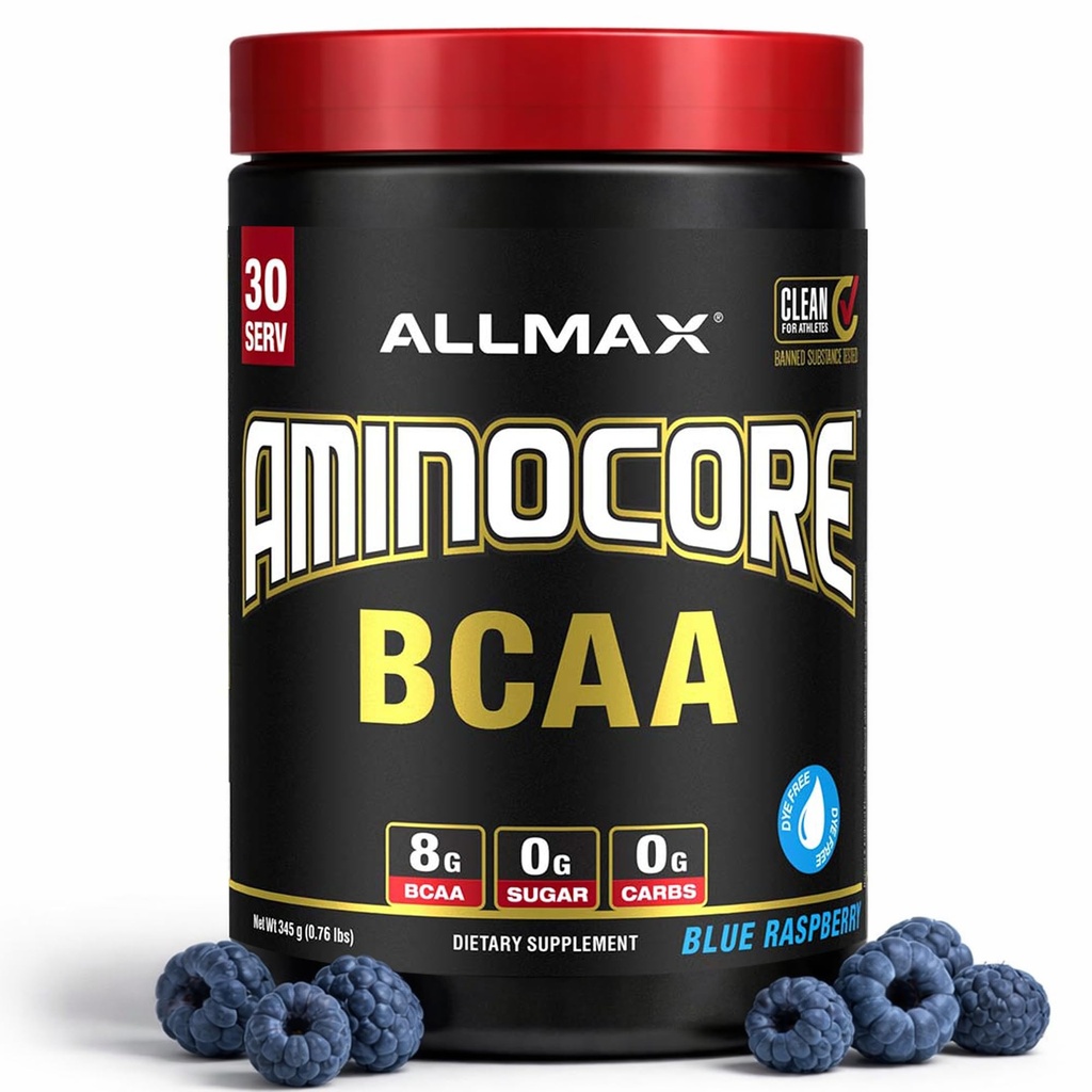 ALLMAX Διατροφή AMINOCORE BCAA – 8G BCAAs – 100% καθαρός κλάδος αλυσοδεμένα Αμινοξέα – Χωρίς γλουτένη - Μπλε σμέουρο - 315 γραμμάρια