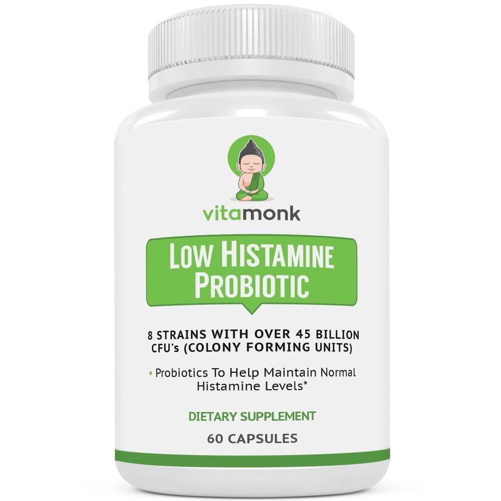 VitaMonk Χαμηλή ισταμίνη Προβιοτικά Καταπολέμηση της δυσανεξίας ισταμίνης και την υποστήριξη Ισορροπημένη υγεία των ούλων - ισταμίνη ελεύθερο προβιοτικό για εκείνους που αναζητούν βελτίωση της υγείας με έλεγχο ισταμίνης -60 κάψουλες