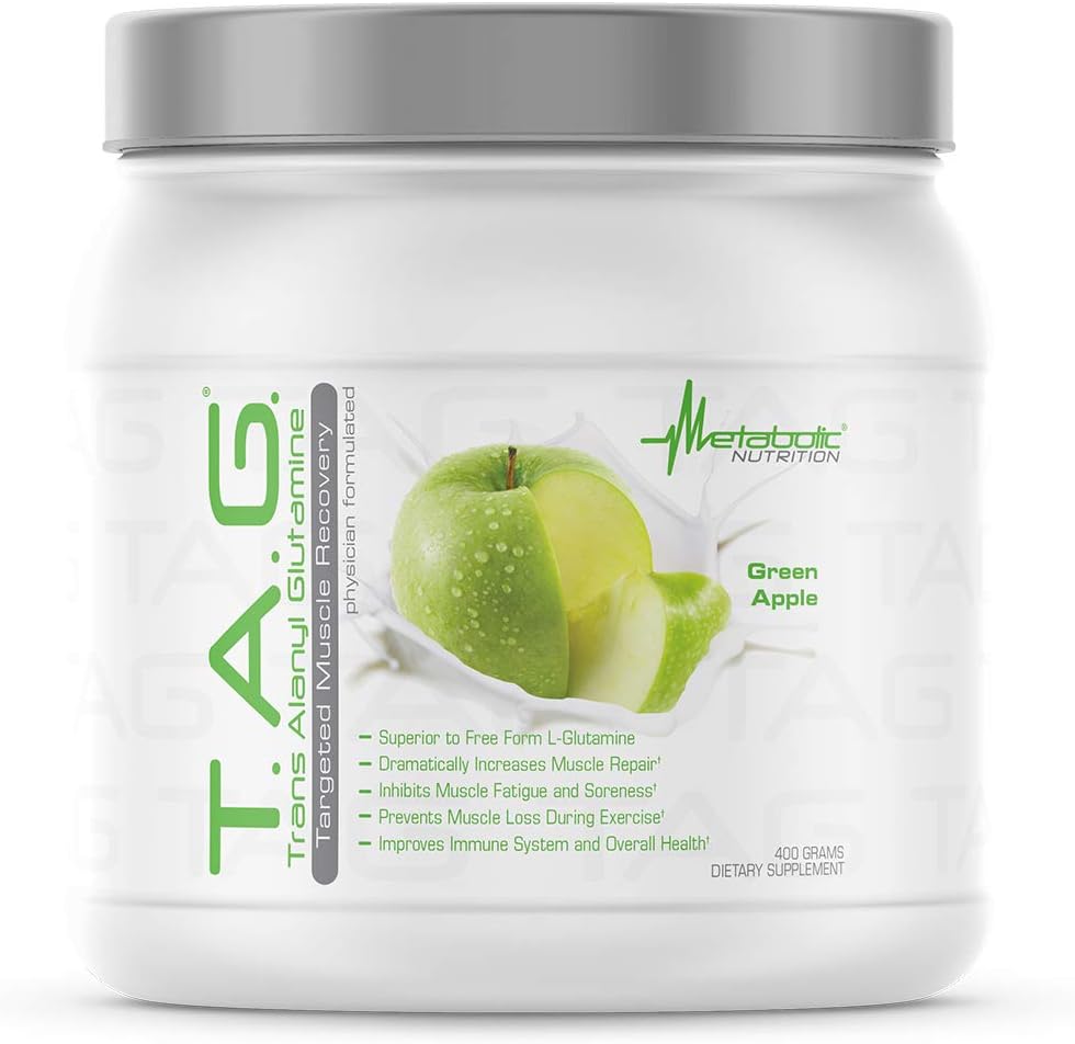 Μεταβολική Διατροφή, TAG, Trans Alanyl Glutamine, 100% L-Γλουταμίνη Peptide σκόνη, Pre Intra Post συμπλήρωμα προπόνησης, 400 γραμμάρια (40 εξυπηρετούν) (Πράσινο μήλο)