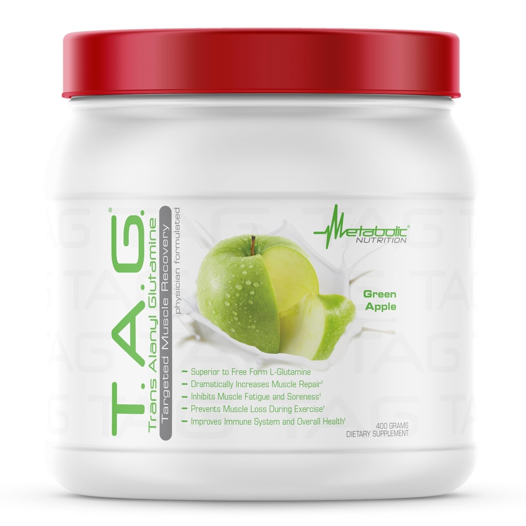 Metabolic Nutrition, TAG, Trans Alanyl Glutamine, 100% L-Glutamine Peptide Powder, Pre Intra Post Workout Supplement, 400 Grams (40 Servings) (Green Apple)