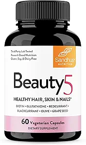 Sandhu's Beauty5 Capsules|60 Vegetarian Capsules| 30 Servings|Skincare Supplement| Supplement for Hair, Skin & Nail- Supports Collagen Synthesis| Keto & Vegan Friendly