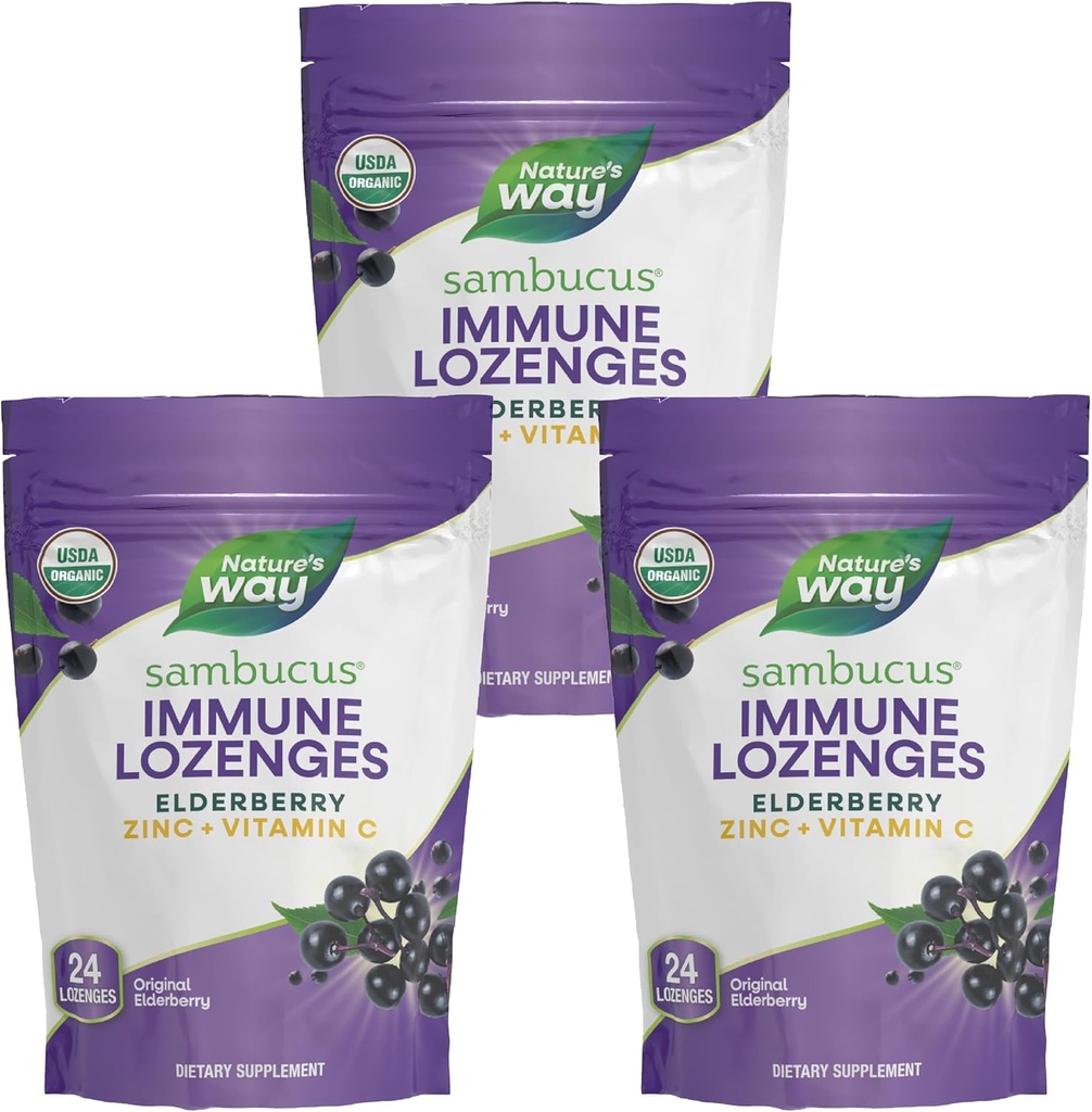Nature's Way Sambucus Immune Lozenges, Zinc + Vitamin C, Black Elderberry Extract, USDA Certified Organic, Original Berry Flavored, 24 Lozenges (Packaging May Vary) - 3 Pack
