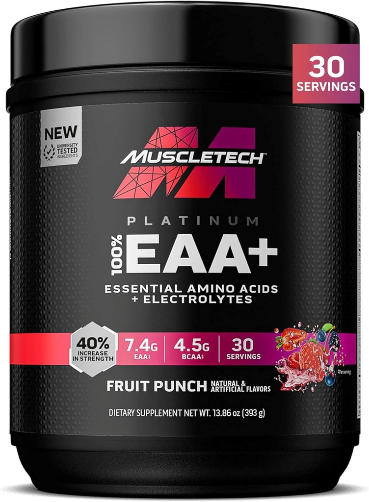 MuscleTech Platinum Essential Amino Acids Supplementary with Electrolytes, Fruit Punch - Pre-Workout Powder for Energy, Muscle Growth & Strength Builder - EAA Complex for Men & Women - 30 Services
