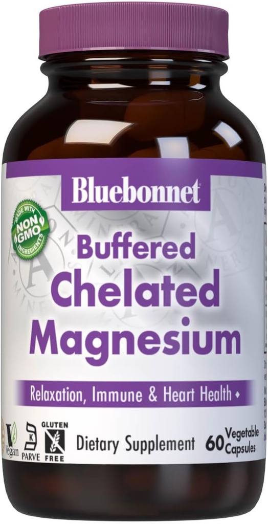 Διατροφή Bluebonnet Albion Buffered Chelated Magnesium 200 mg, οξείδιο του μαγνησίου, ανακούφιση του στρες, Vegan, Μη ΓΤΟ, Χωρίς γλουτένη, Χωρίς σόγια, Χωρίς γάλα, Kosher, 60 κάψουλες λαχανικών, 1 μήνας προσφοράς