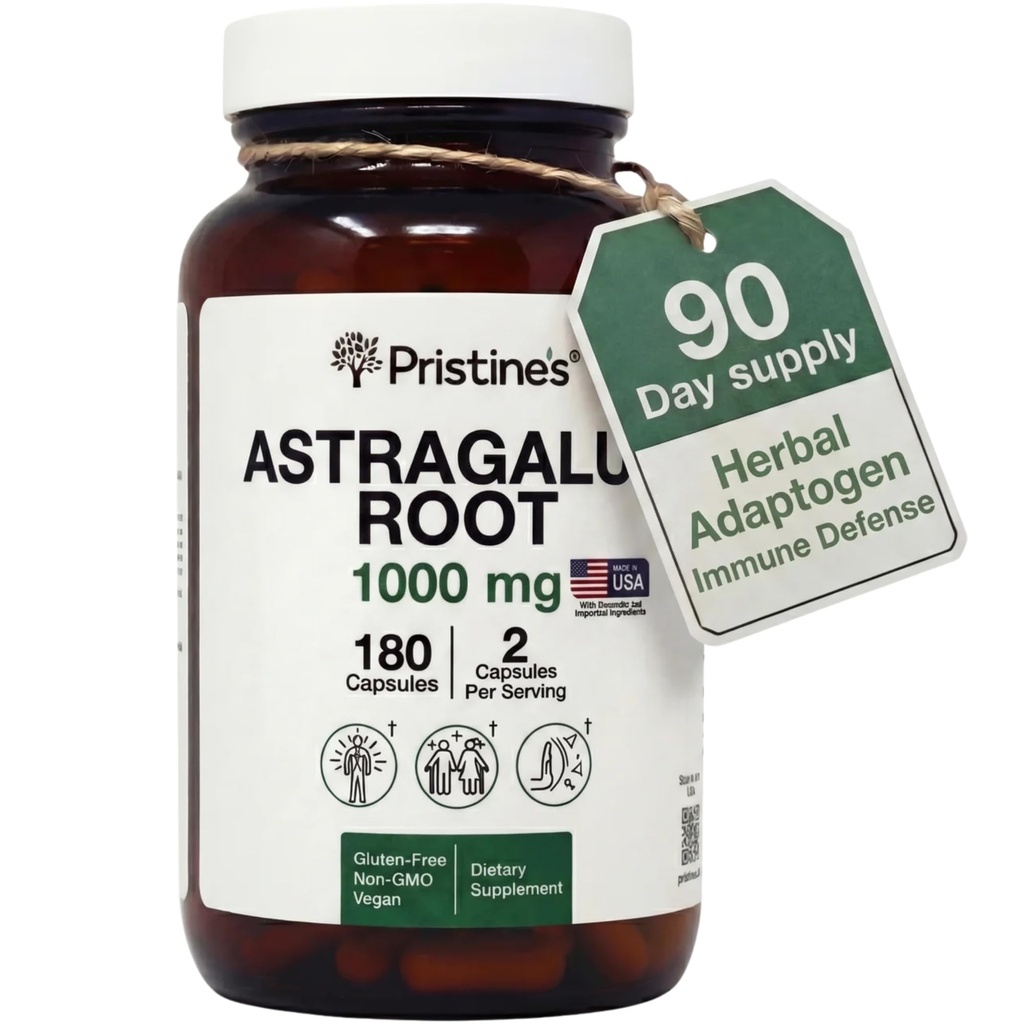 PRISTINE'S Astragalus Root Supplement Capsules - 1000mg 90 Day Supply- Immune Support Supplement Capsules - Herbal Adaptogen - Healthy Aging, Heart & Lung Health