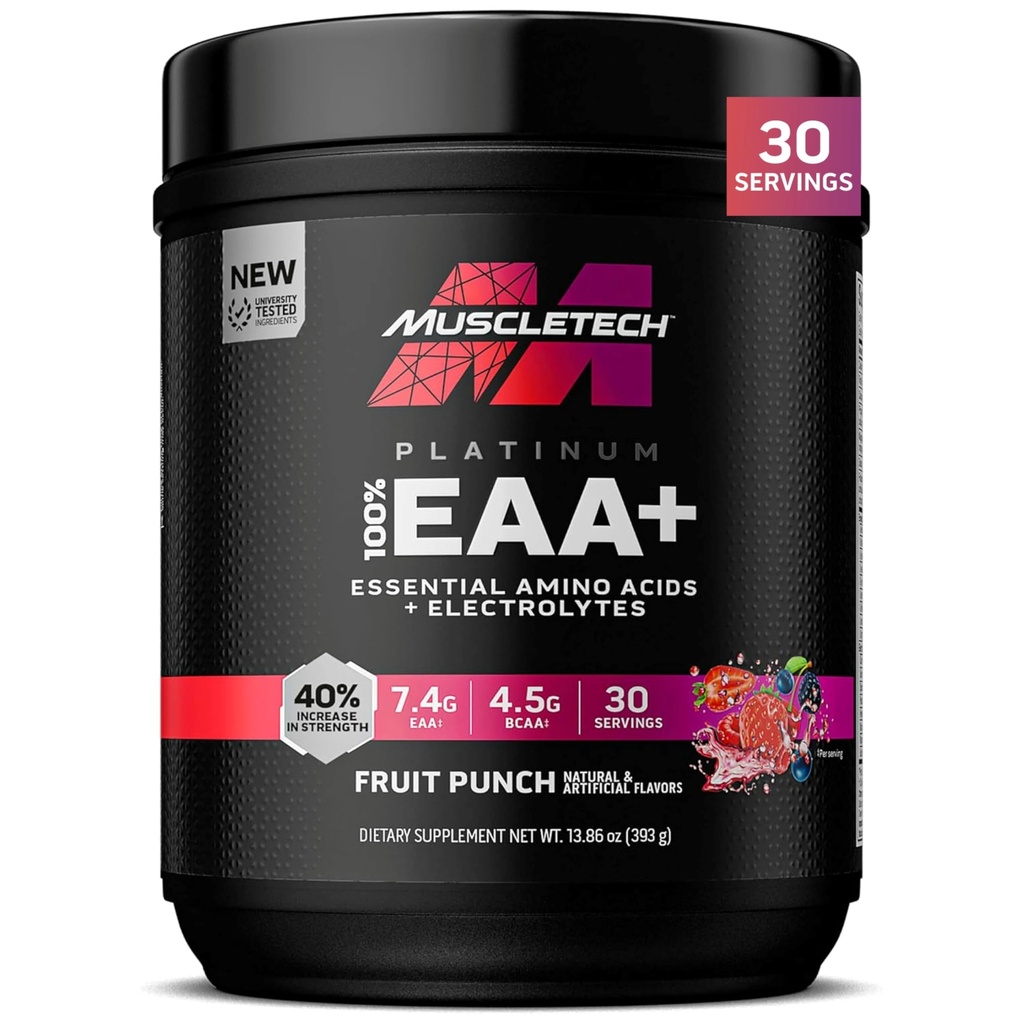MuscleTech Platinum Essential Amino Acids Supplementary with Electrolytes, Fruit Punch - Pre-Workout Powder for Energy, Muscle Growth & Strength Builder - EAA Complex for Men & Women - 30 Services