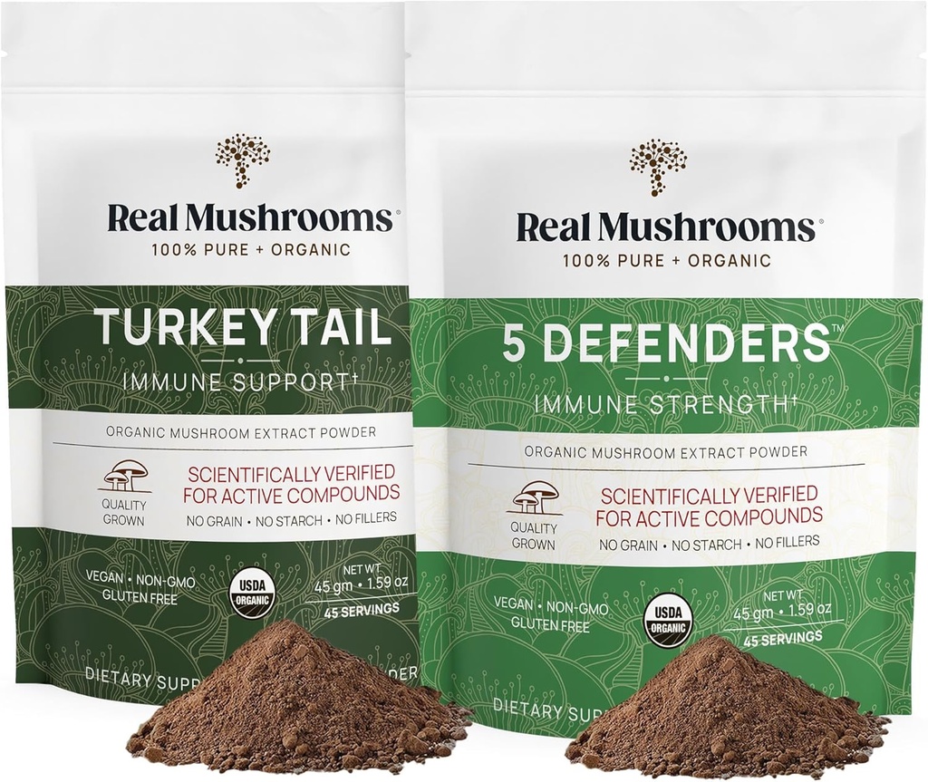 Real Mushrooms Turkey Tail (45g) and 5 Defenders (45g) Mushroom Extract Powder Bundle - Mushroom Supplement for Immune Strength - Vegan, Συμπλήρωμα Ανοσίας εκτός ΓΤΟ