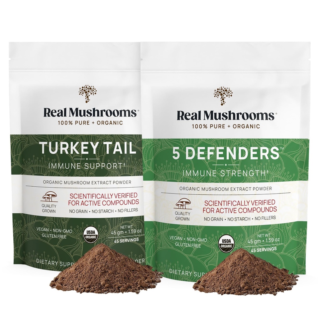 Real Mushrooms Turkey Tail (45g) and 5 Defenders (45g) Mushroom Extract Powder Bundle - Mushroom Supplement for Immune Strength - Vegan, Συμπλήρωμα Ανοσίας εκτός ΓΤΟ