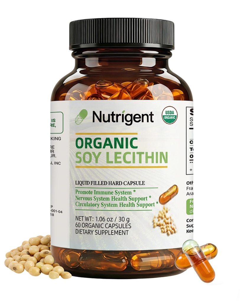Συμπλήρωμα λεκιθίνης βιολογικής σόγιας USDA 800 mg, Υγρές κάψουλες υψηλής απορρόφησης, συμπλήρωμα λεκιθίνης χολίνης για την υποστήριξη του εγκεφάλου και του ήπατος, μη ΓΤΟ, Χωρίς γλουτένη, 60 μέτρα
