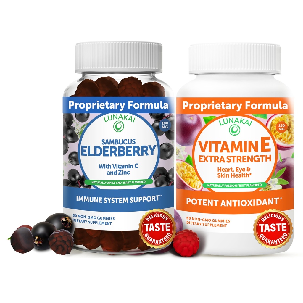Lunakai Elderberry και Βιταμίνη E Gummies Bundle - συμπλήρωμα ανοσοποιητικής υποστήριξης με ψευδάργυρο και βιταμίνη C Plus 1000iu Natural VIT E Gummy για την υγεία των ματιών και του δέρματος