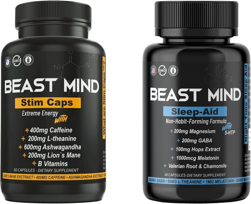 Day & Night Energy With Sleep Aid Bundle | 400mg Caffeine | 600mg Ashwagandha | 200mg Lions Mane | Increased Energy & Focus & Mood Sleep Aid with GABA, Valerian Root, Chamomile, Melatonin, Magnesium