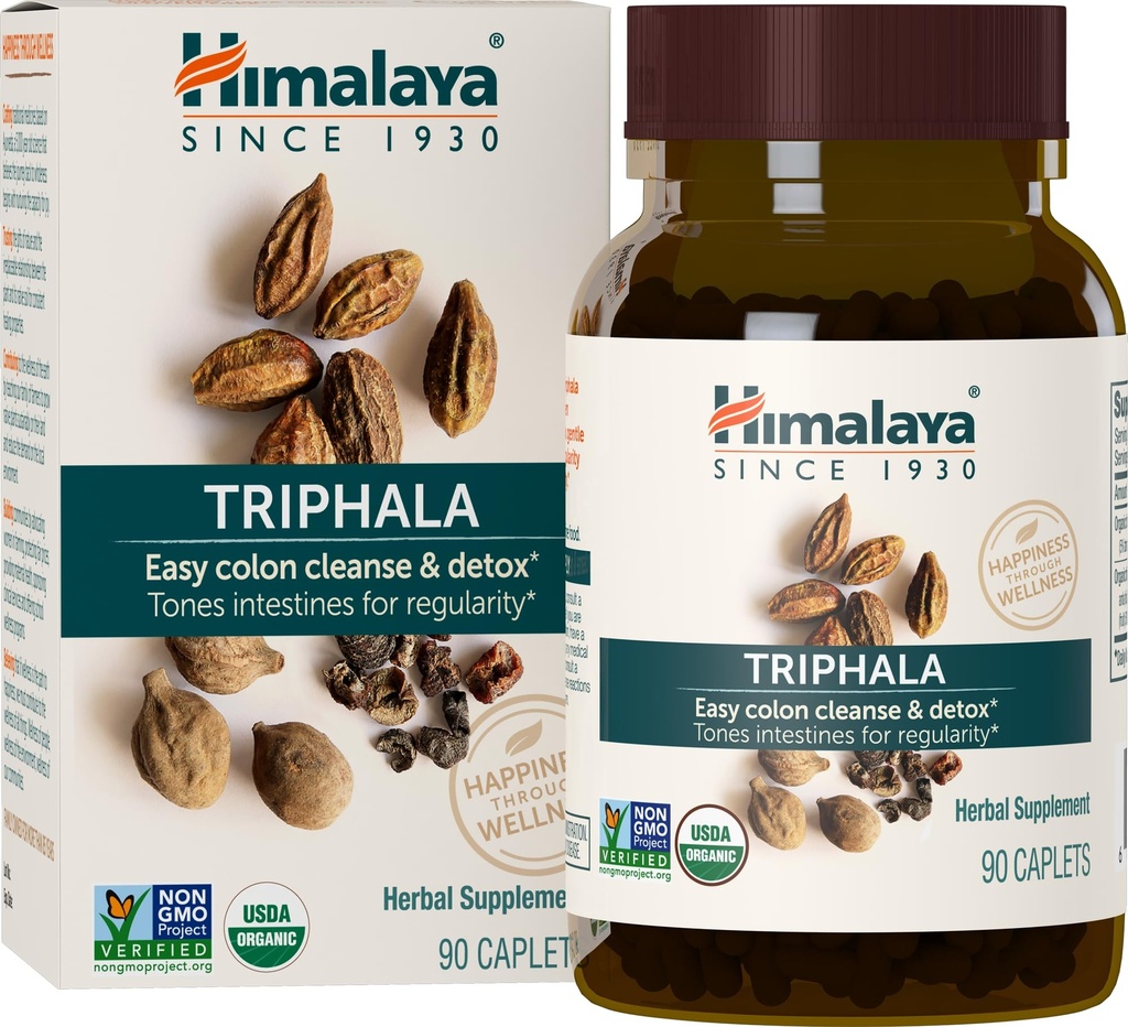 Himalaya USDA Organic Triphala Capsules, 688mg,Triphala Tablets,Digestive Health Supplement for Colon Cleanse & Occasional Bloating and Constipation Relief - Vegan, Non-GMO, Gluten Free, 90 Caplets