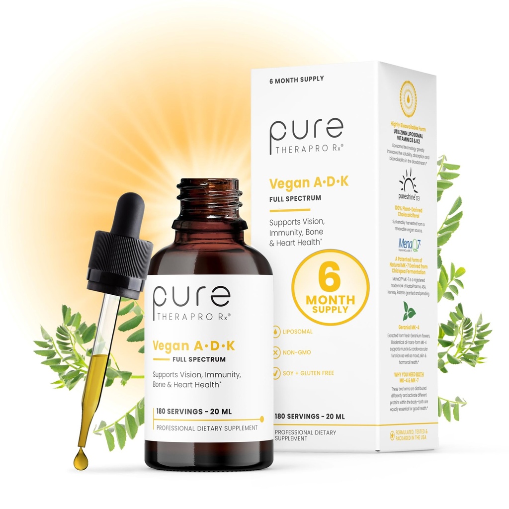 Pure TheraPro Rx Vegan A-D-K Drops-6 Mon Supply-Vitamin A(Palmitate & Betacarotene), Λιποσωμική Βιταμίνη D3 (ως χορτοκαλσιφερόλη), Λιποσωμική Βιταμίνη K2(MK-4 & MK-7)Υποστήριξη Ανοσία & Υγεία των οστών-20mL