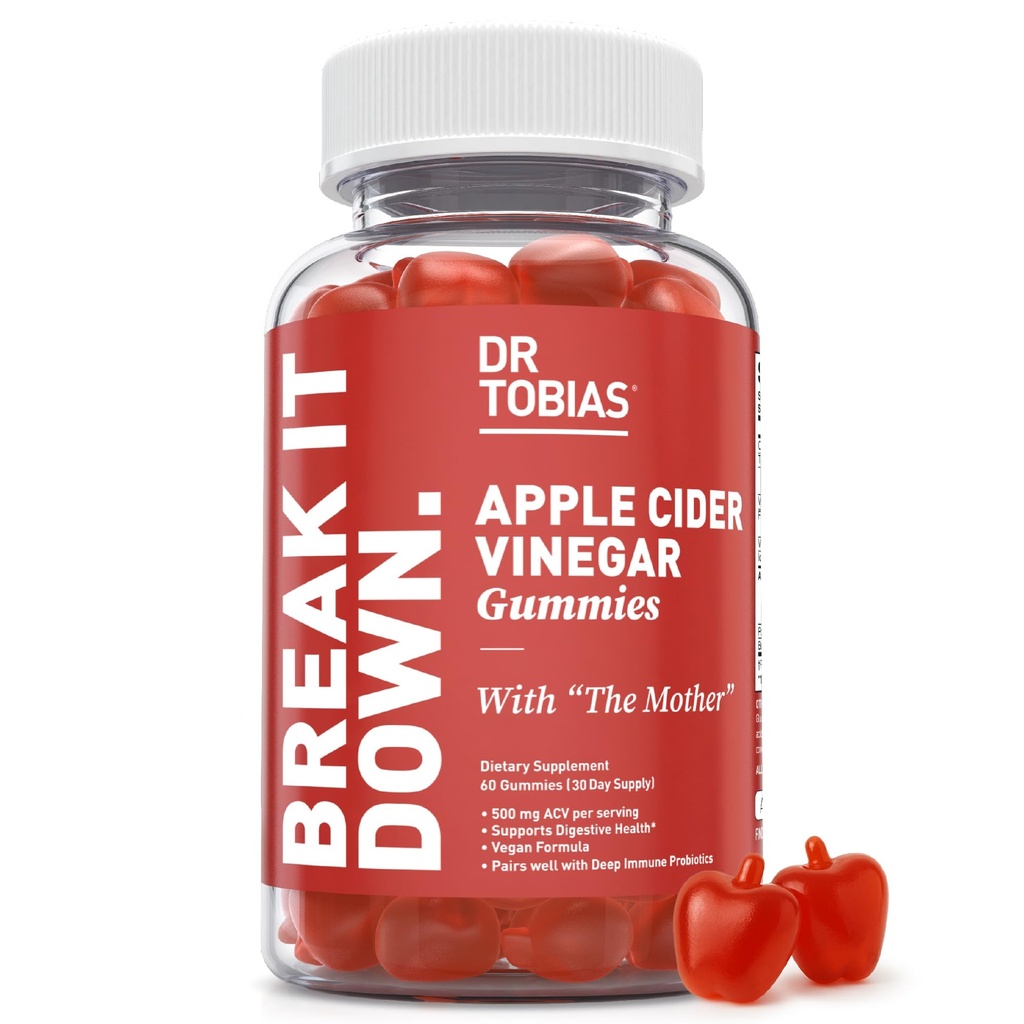 Dr. Tobias Apple Cider Vinegar Gummies with The Mother, 500mg ACV per Serving, Plus Folate, B6, B12 & Iodine, Υποστηρίζει Digestive Health, Gut Cleanse & Detox, Vegan, 60 Gummies