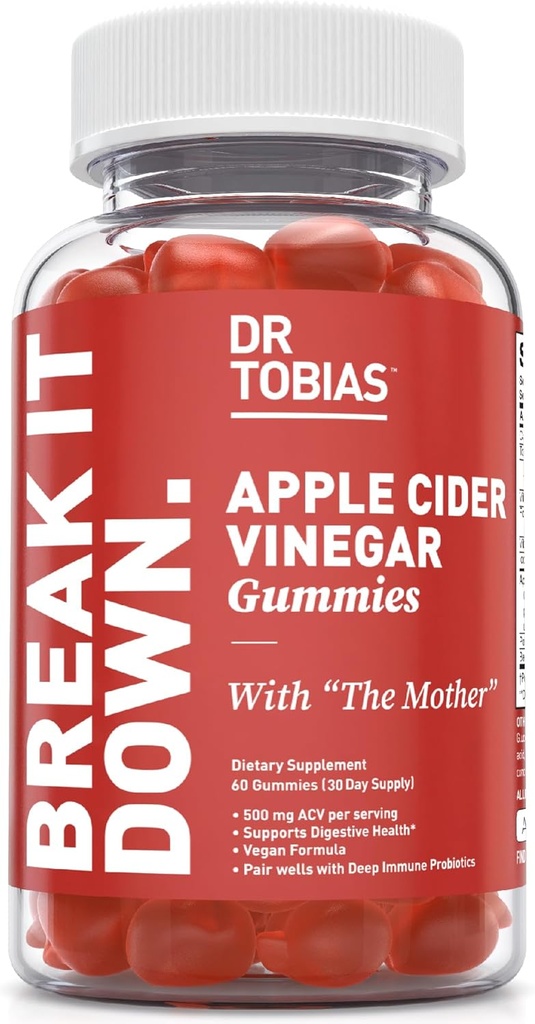 Dr. Tobias Apple Cider Vinegar Gummies with The Mother, 500mg ACV per Serving, Plus Folate, B6, B12 & Iodine, Υποστηρίζει Digestive Health, Gut Cleanse & Detox, Vegan, 60 Gummies