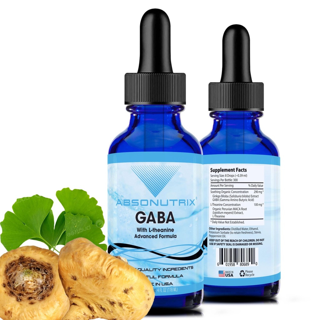 GABA with L-Theanine 290 mg, 4 Oz Liquid, 300 Servings, Made in USA, Quick Absorption, Quality Potent Ingredients, Non-GMO, GMP Certified Facility, Cruelty-Free Products