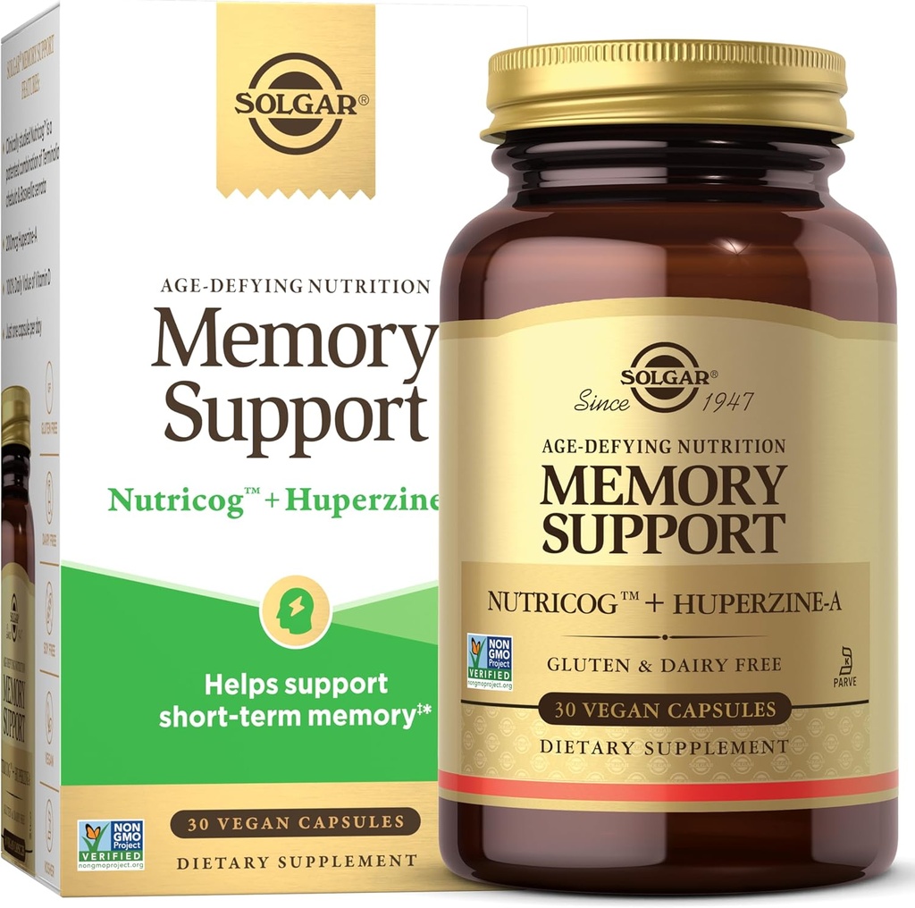 Solgar Memory Support Brain Dietary Supplement for Memory and Focus, Clinically Studied Nutricog, Vitamin D & Huperzine-A, Nootropic Brain Health Supplement, Healthy Aging Support, 30 Servings