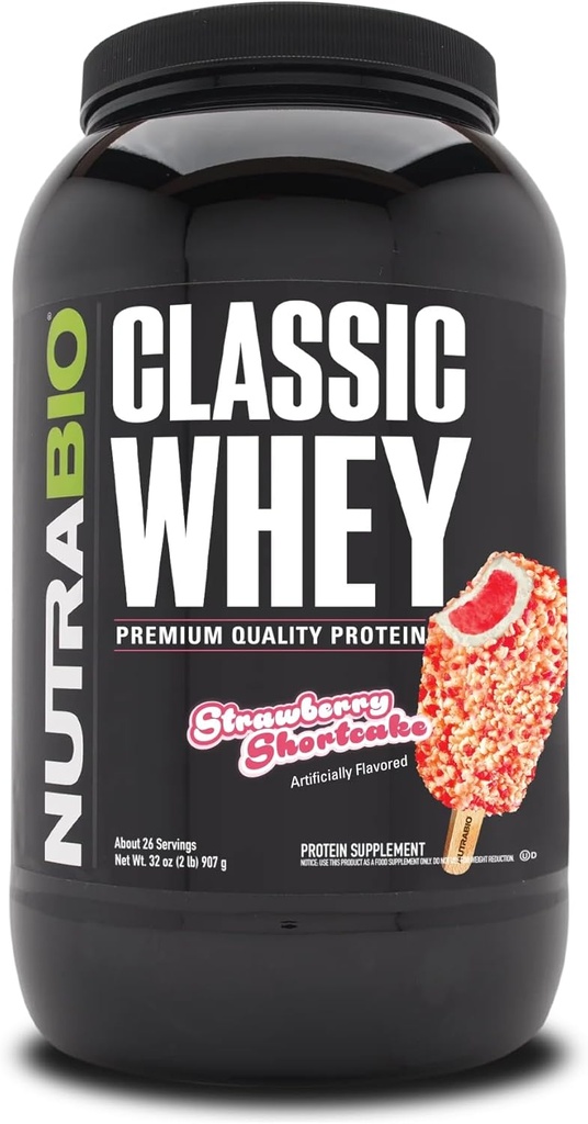 NutraBio Classic Whey Protein Powder Supplement - 25g of Protein Per Scoop - Full-Spectrum Amino Acid Profile with No Fillers, Artificial Colors, or Preservatives - Strawberry Shortcake, 2 Pounds