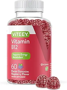 Viteey Vitamin B12 Gummies - Γνωστική υποστήριξη και ενέργεια Gummies - Vegan, Ζελατίνη δωρεάν, Γλουτένη χωρίς - 60 Count