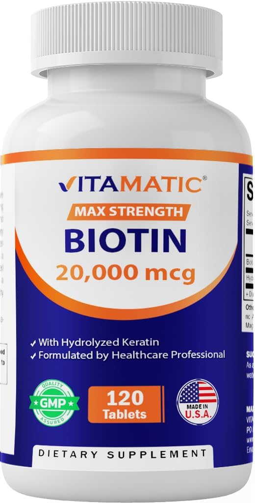 Vitamatic High Potency Biotin 20000 mcg (20mg) με κερατίνη 100mg - 120 χορτοφαγικά δισκία - Βιοτίνη Συμπληρώματα για Υγιεινή Δέρμα & Καρφάκια για Ενήλικες (120 Count (Pack of 1))