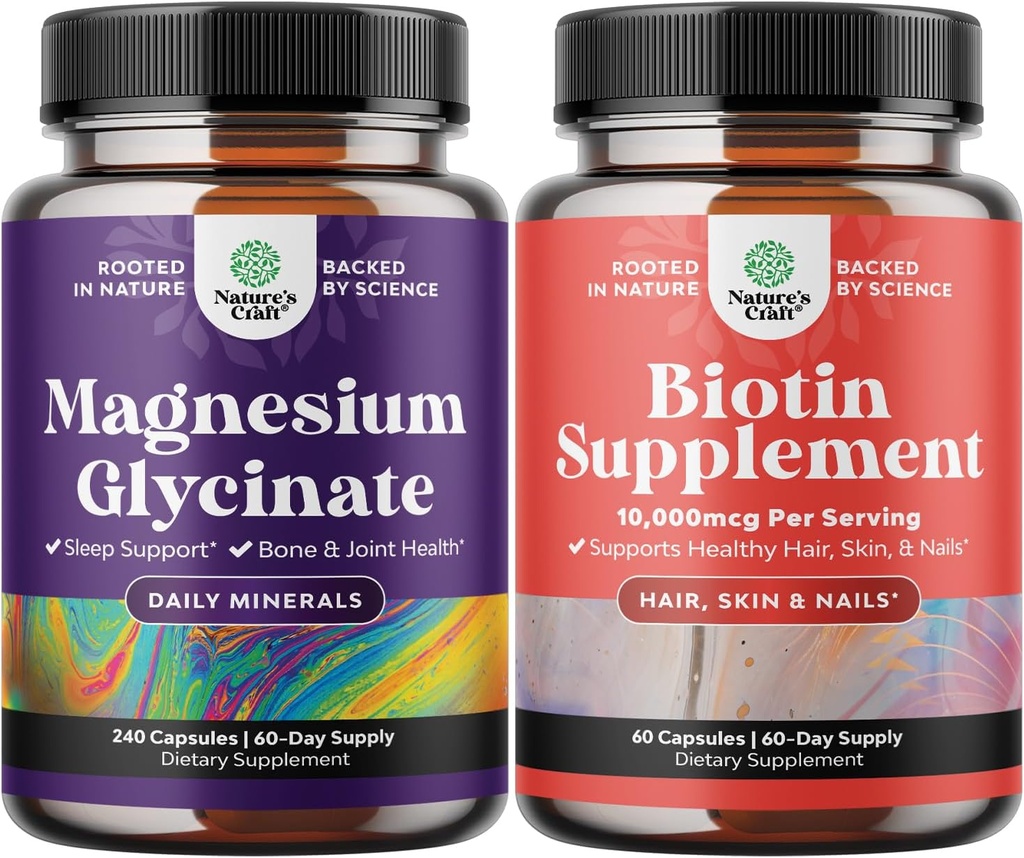 Πακέτο με καθαρό γλυκινικό μαγνήσιο 400mg ανά υπηρεσία για τον ύπνο Mood και την χαλάρωση 240ct και καθαρό χάπια βιοτίνης για γυναίκες άνδρες - Σταματήστε την απώλεια μαλλιών φυσικό συμπλήρωμα