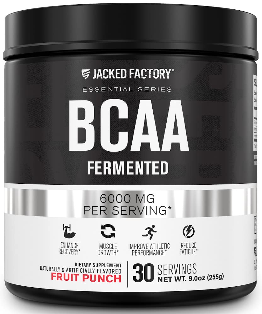 Jacked Factory BCAA Powder (Fermented) - 6g Branched Chain Essential Amino Acid Supplement για βελτιωμένη αποκατάσταση των μυών, Μειωμένη κόπωση, Αυξημένη δύναμη, μυϊκή ανάπτυξη - 30 Servies, Fruit Punch