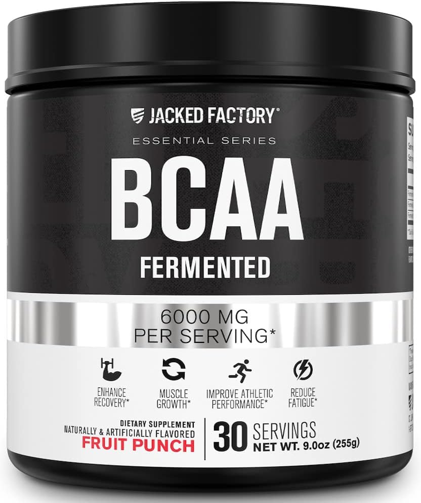 Jacked Factory BCAA Powder (Fermented) - 6g Branched Chain Essential Amino Acid Supplement για βελτιωμένη αποκατάσταση των μυών, Μειωμένη κόπωση, Αυξημένη δύναμη, μυϊκή ανάπτυξη - 30 Servies, Fruit Punch